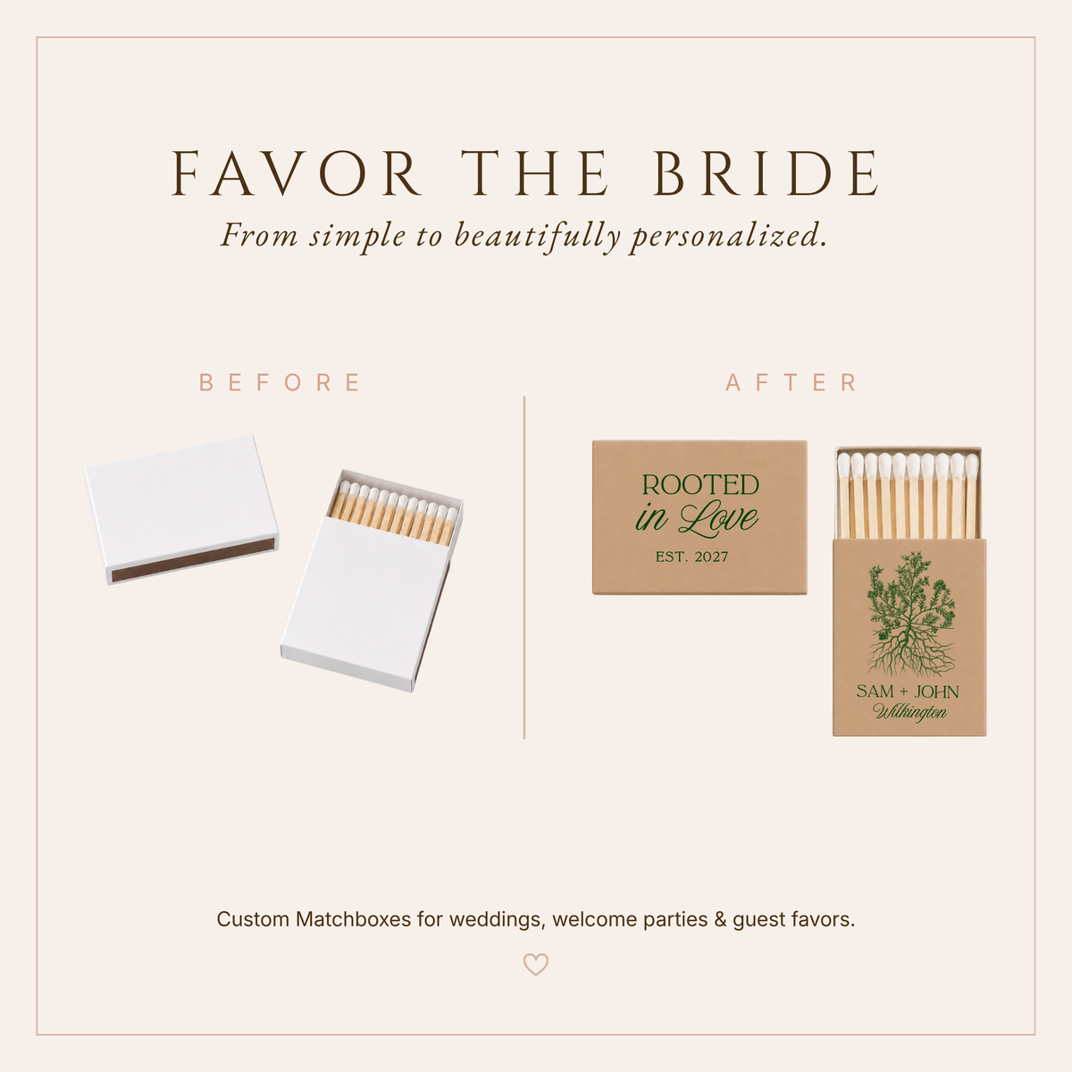 Personalized Rooted in Love Wedding Matchboxes