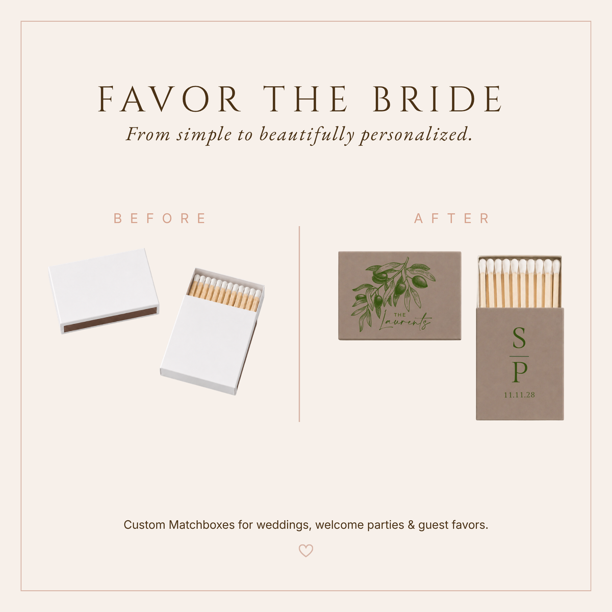 Personalized Mediterranean Olive Wedding Favor Matchboxes