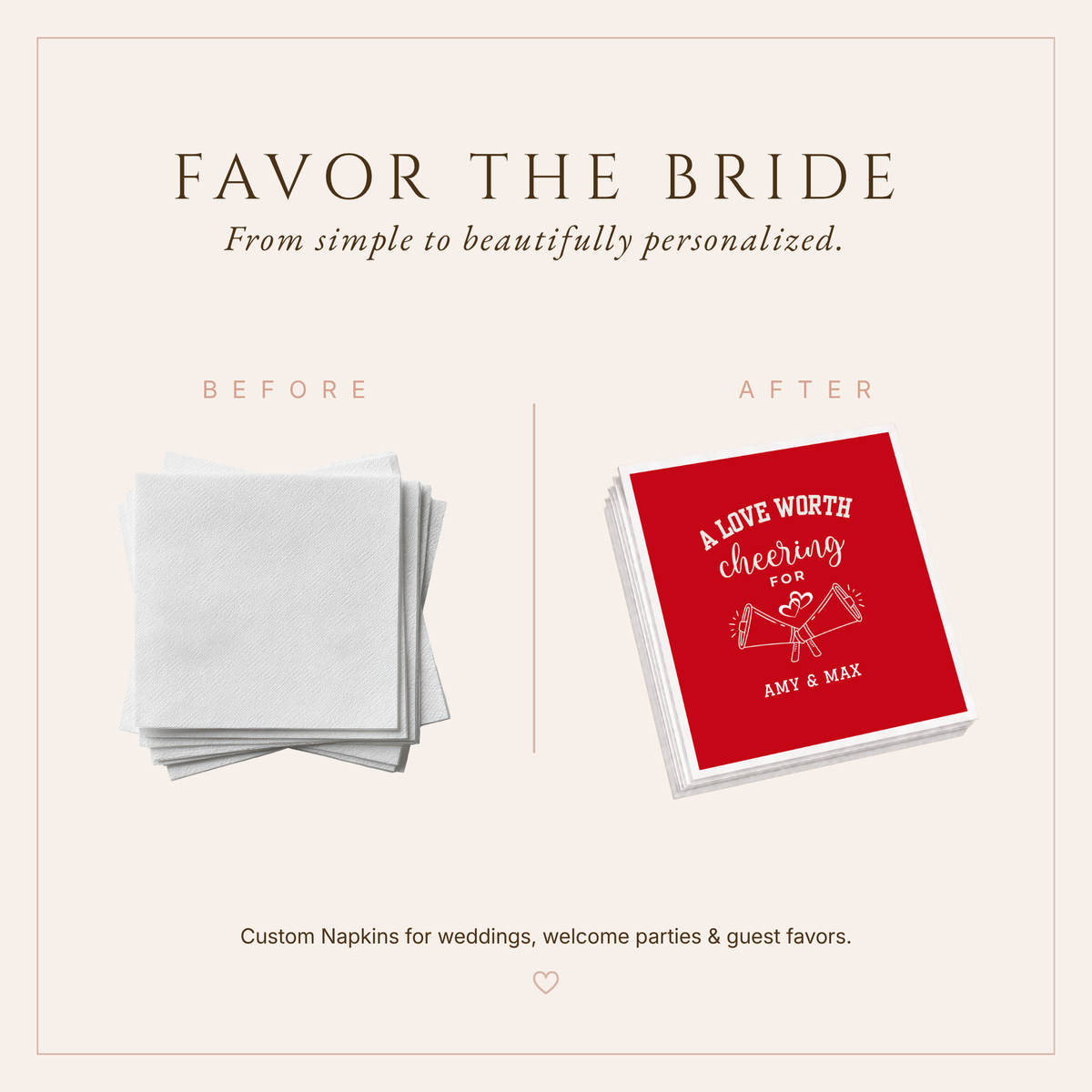 Personalized sports wedding napkins with megaphone artwork, romantic hearts, bold athletic lettering, and a red background.