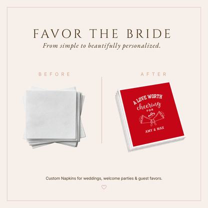 Personalized sports wedding napkins with megaphone artwork, romantic hearts, bold athletic lettering, and a red background.