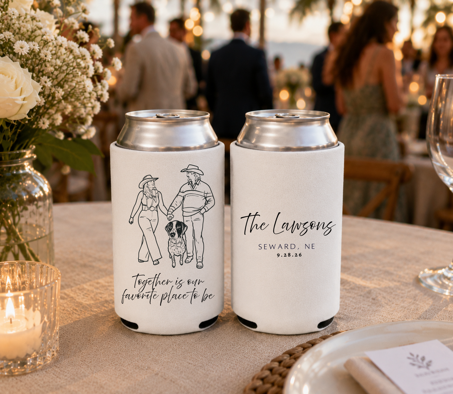 Personalized Couple & Pet Wedding Can Coolers