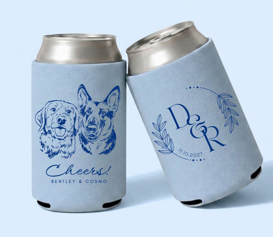 Personalized cat portrait wedding can cooler
Custom cat illustration drink sleeve with names
Minimal cat themed wedding favor design
Pet portrait wedding can cooler with date