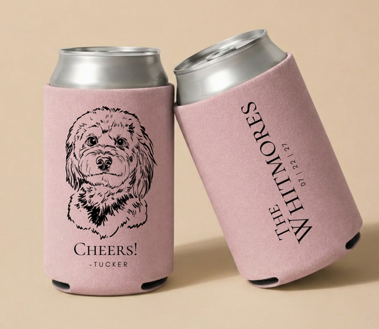 Personalized dog sketch wedding can cooler
Custom pet illustration drink sleeve with names
Dog themed wedding favor with date design
Pet inspired wedding can cooler custom print