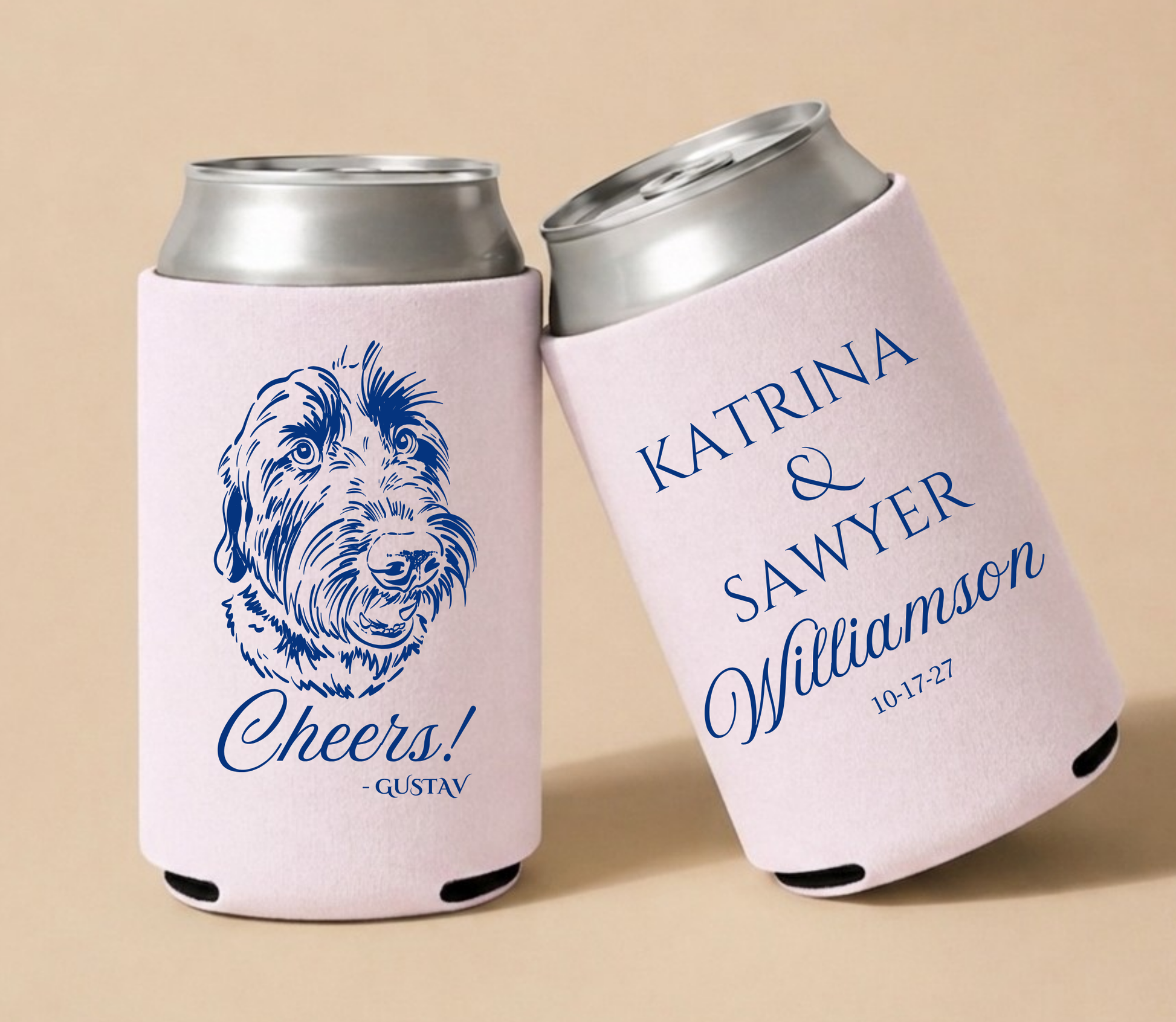 Custom dog portrait wedding can cooler with names
Personalized wedding drink sleeve with dog illustration
Dog lover wedding favor with custom design
Pet portrait wedding can cooler with date