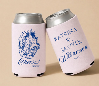 Custom dog portrait wedding can cooler with names
Personalized wedding drink sleeve with dog illustration
Dog lover wedding favor with custom design
Pet portrait wedding can cooler with date