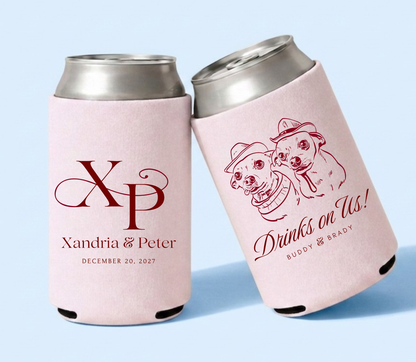 Personalized dog illustration wedding can cooler
Custom pet portrait drink sleeve for wedding
Dog themed wedding favor with names and date
Custom pet design wedding drink holder