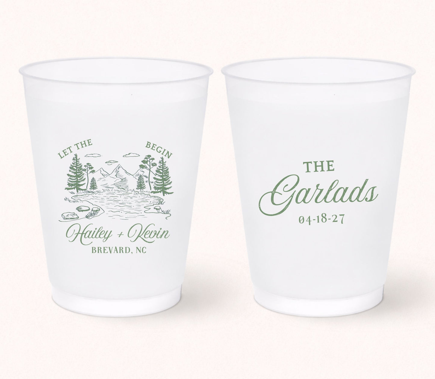 Two personalized frosted wedding cups featuring a scenic mountain landscape with the phrase "Let the Begin," Hailey and Kevin, Brevard, North Carolina on one side and "The Garlads" with the wedding date 04.18.27 on the reverse.
Personalized mountain wedding frosted cup featuring a scenic forest and river illustration.
Adventure wedding drink cup with custom names, mountain artwork, and wedding date.
