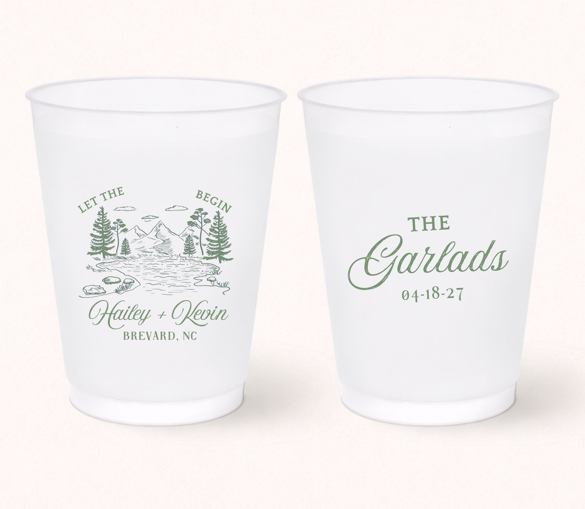 Two personalized frosted wedding cups featuring a scenic mountain landscape with the phrase "Let the Begin," Hailey and Kevin, Brevard, North Carolina on one side and "The Garlads" with the wedding date 04.18.27 on the reverse.
Personalized mountain wedding frosted cup featuring a scenic forest and river illustration.
Adventure wedding drink cup with custom names, mountain artwork, and wedding date.