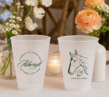 Personalized horse wedding frosted cups featuring custom horse portrait names and wedding date