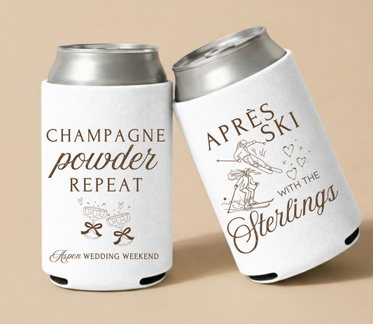 Personalized Aspen ski wedding can coolers featuring winter-themed artwork for a luxury mountain wedding weekend.