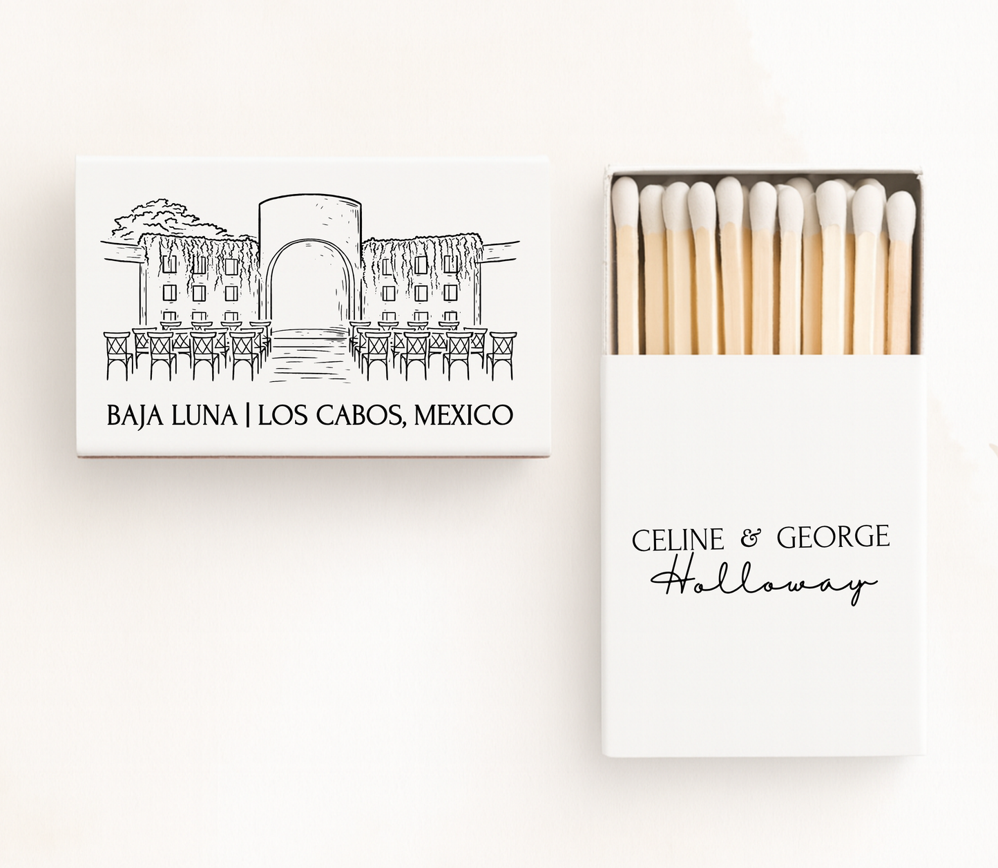 Personalized Baja Luna Los Cabos wedding matchboxes featuring a custom venue illustration with family name and couple's names.