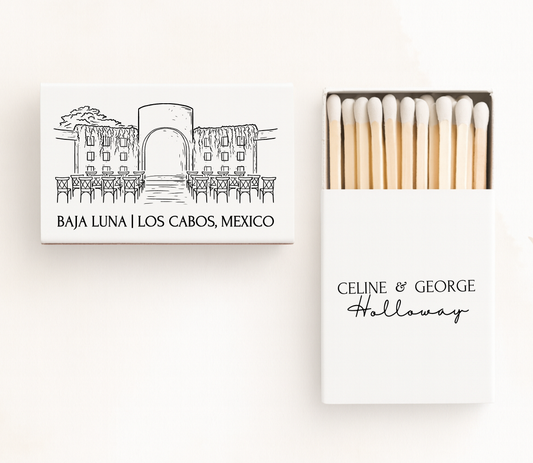 Personalized Baja Luna Los Cabos wedding matchboxes featuring a custom venue illustration with family name and couple's names.