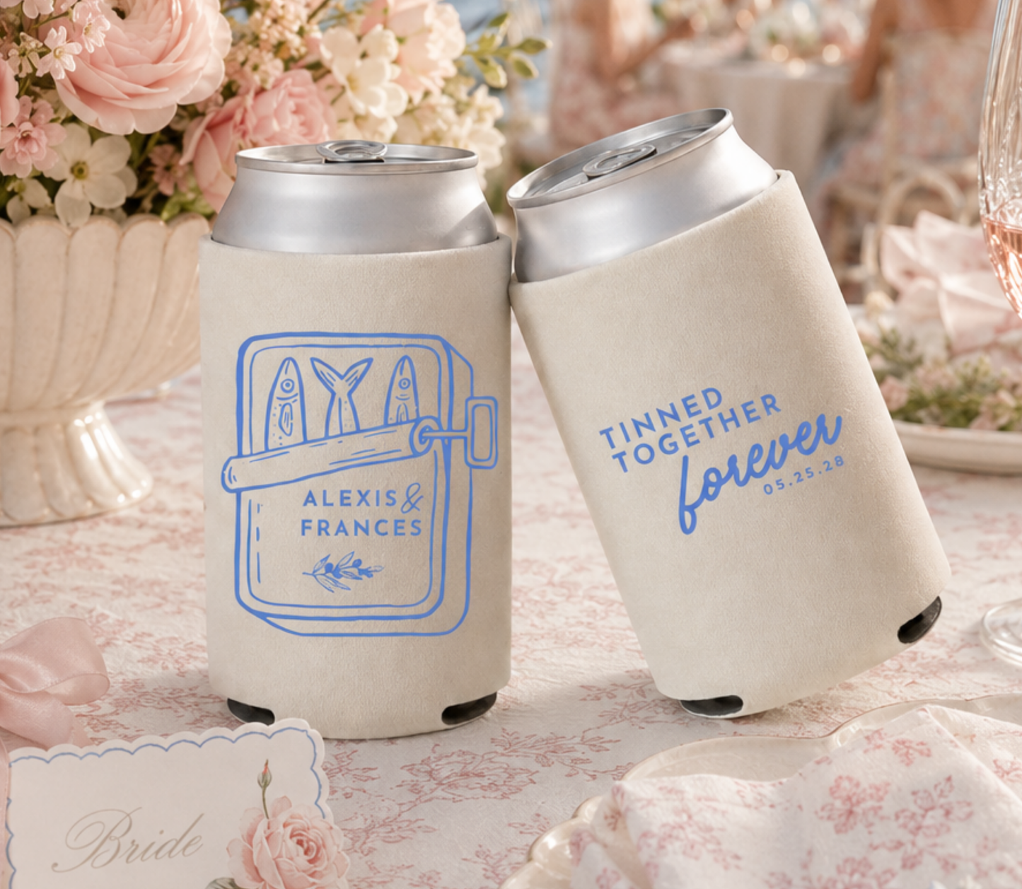 Custom beach wedding can coolers with sardine design, couple names, wedding date, and tinned together forever phrase