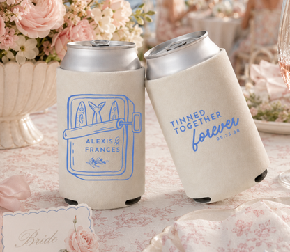 Custom beach wedding can coolers with sardine design, couple names, wedding date, and tinned together forever phrase