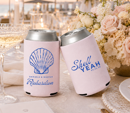 Beach wedding custom can cooler that reads shell yeah 