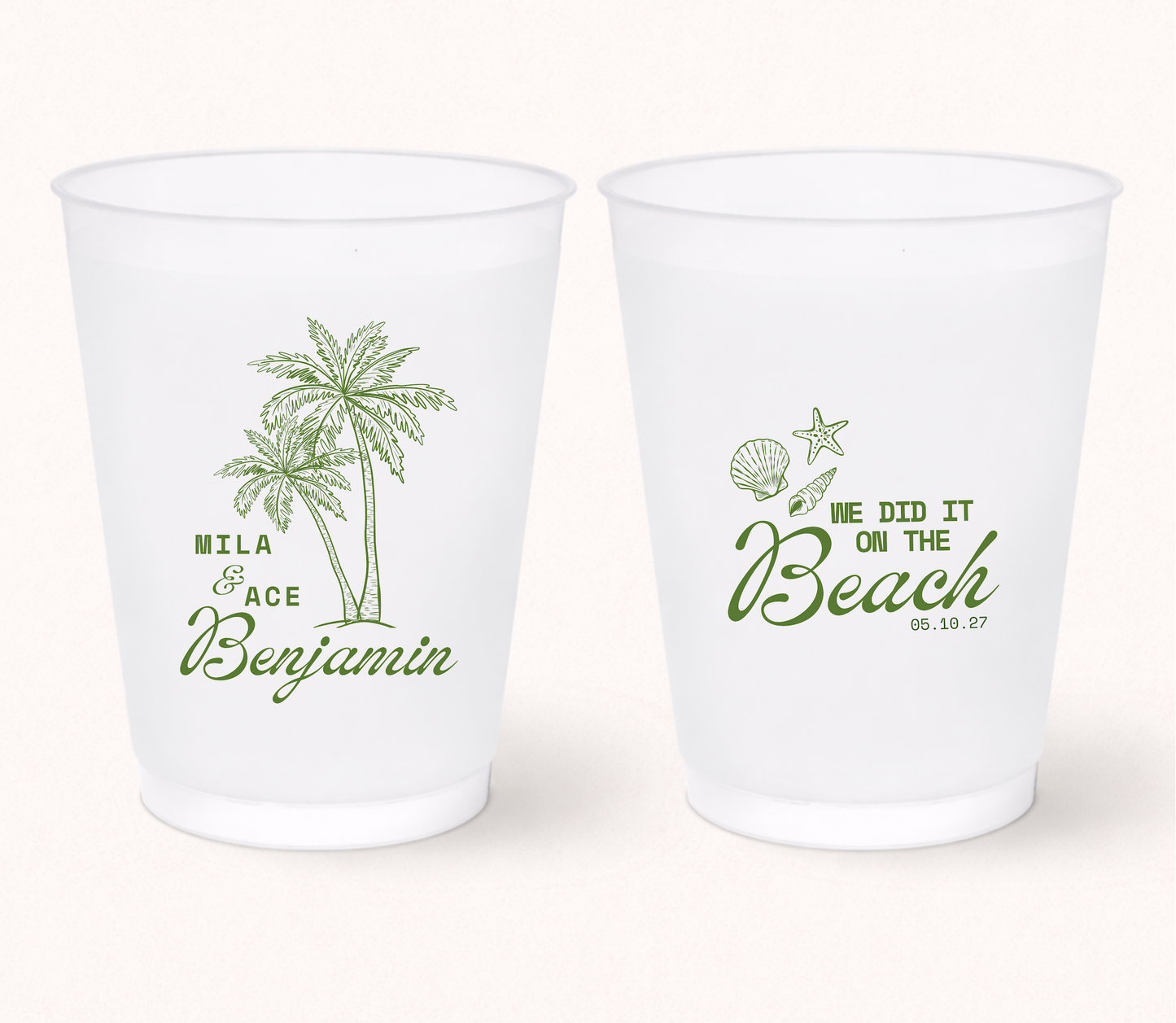 Beach wedding frosted cups with palm tree design
Tropical wedding favor cups
Personalized beach wedding drinkware
Destination wedding frosted cups
Palm tree wedding cups with names
Custom coastal wedding cups with wedding date