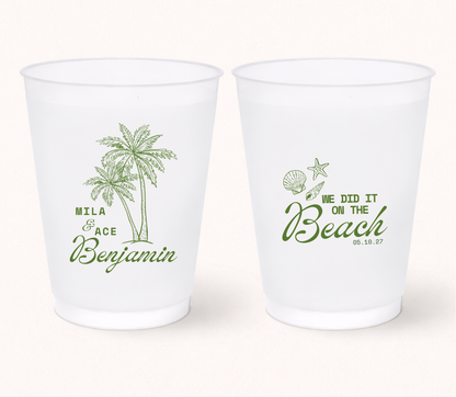 Beach wedding frosted cups with palm tree design
Tropical wedding favor cups
Personalized beach wedding drinkware
Destination wedding frosted cups
Palm tree wedding cups with names
Custom coastal wedding cups with wedding date