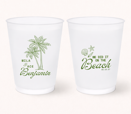 Beach wedding frosted cups with palm tree design
Tropical wedding favor cups
Personalized beach wedding drinkware
Destination wedding frosted cups
Palm tree wedding cups with names
Custom coastal wedding cups with wedding date