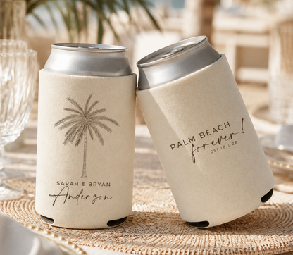 tan wedding can cooler with palm tree and location of beach forever with the date and the couples names 