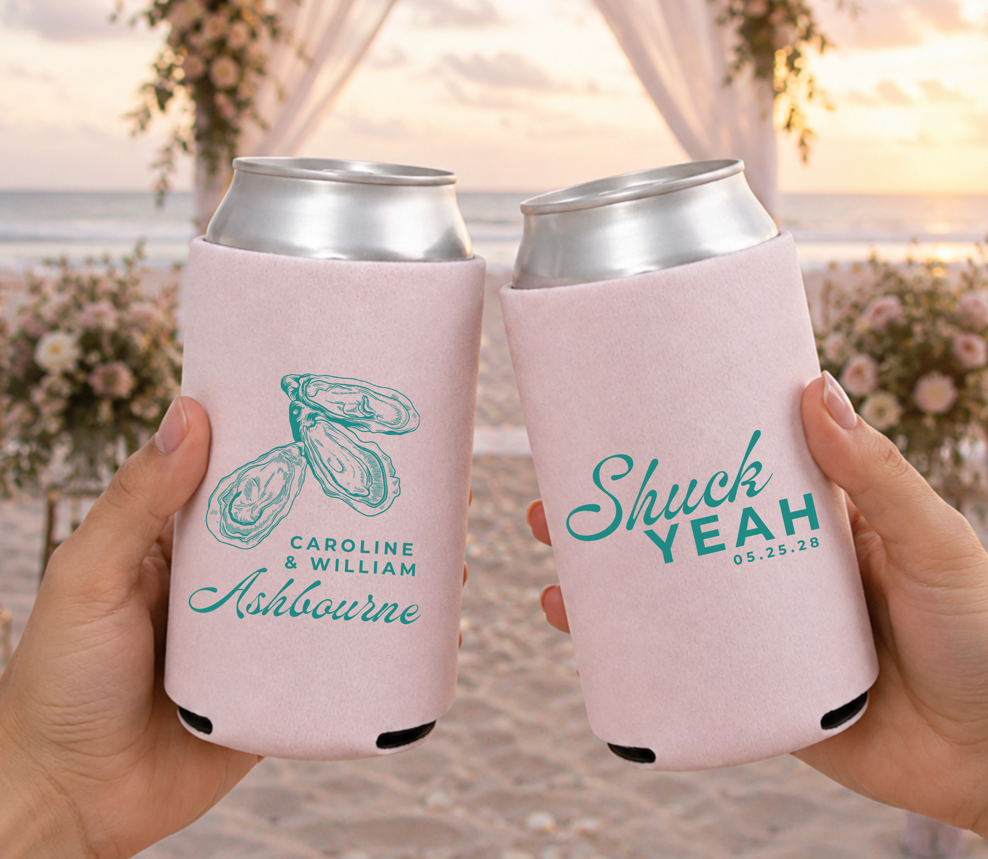 Coastal Wedding Can Coolers with Personalized Oyster Design 