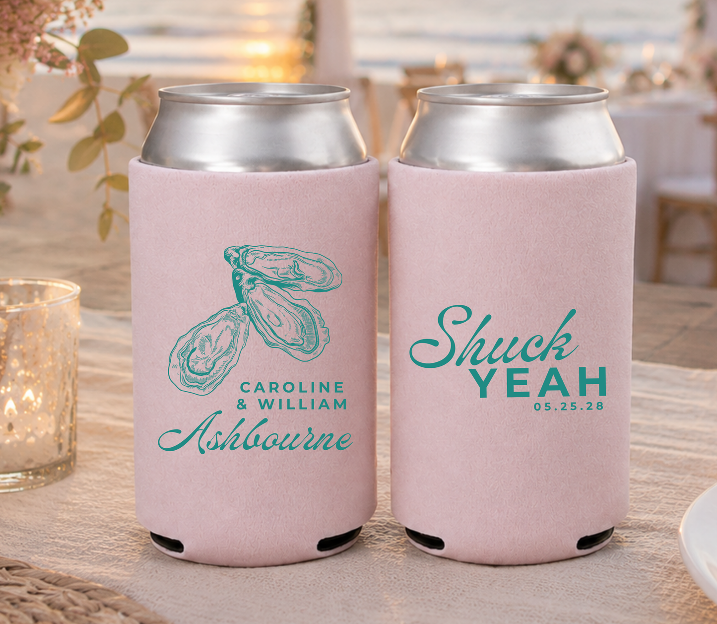 Blush beach wedding can coolers with teal ink oyster themed for seaside weddings 
