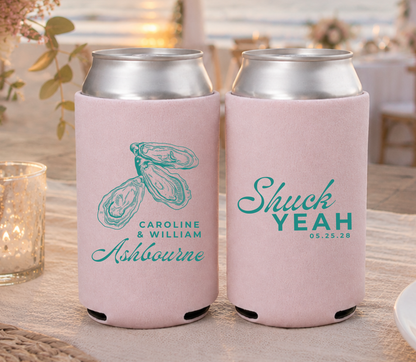 Blush beach wedding can coolers with teal ink oyster themed for seaside weddings 
