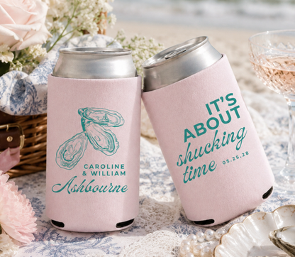 Blush wedding can cooler with oyster themed design, and teal ink color for a seaside wedding with couples names and wedding date