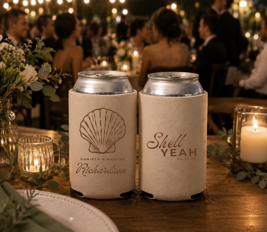 Personalized coastal wedding can coolers.