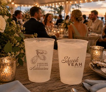 Personalized coastal wedding stadium cups.