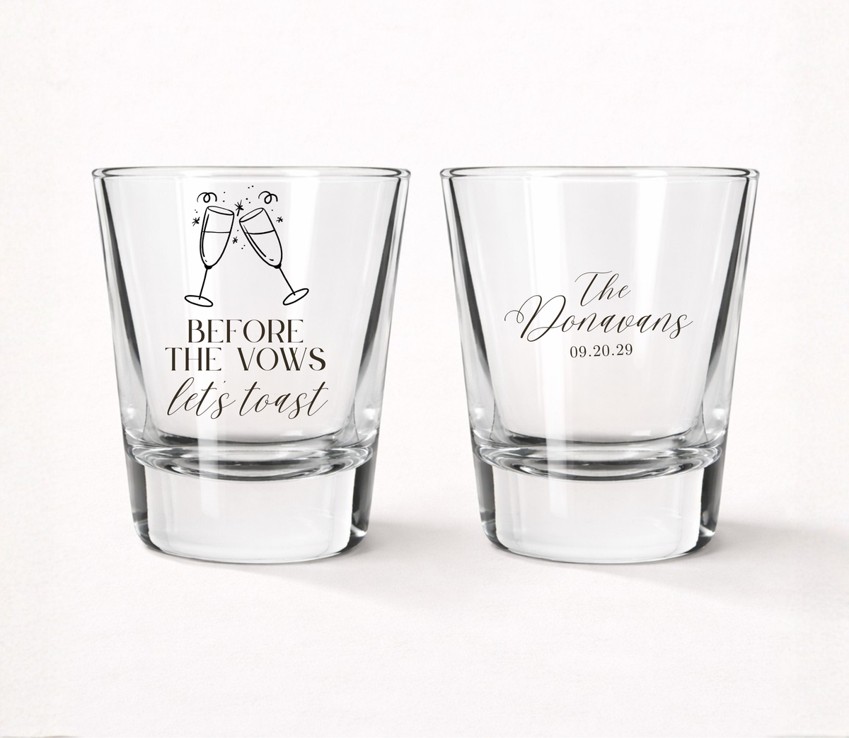 Before The Vows Lets Toast personalized shot glasses
Custom wedding shot glasses with family name
Wedding welcome party favor shot glasses
Personalized rehearsal dinner shot glasses
Champagne toast wedding favor glasses
Wedding weekend celebration shot glasses