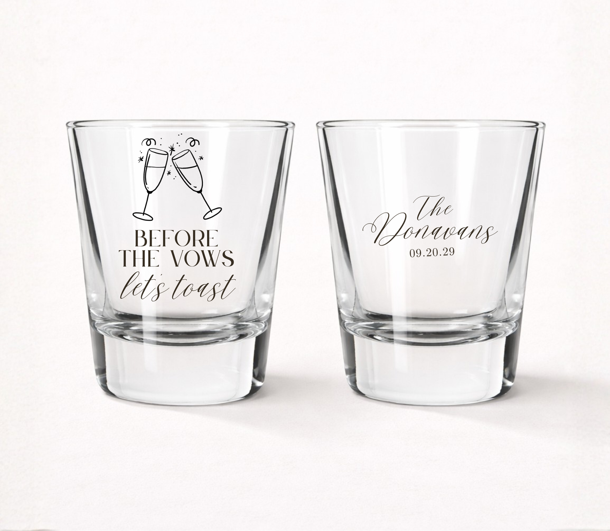 Before The Vows Lets Toast personalized shot glasses
Custom wedding shot glasses with family name
Wedding welcome party favor shot glasses
Personalized rehearsal dinner shot glasses
Champagne toast wedding favor glasses
Wedding weekend celebration shot glasses