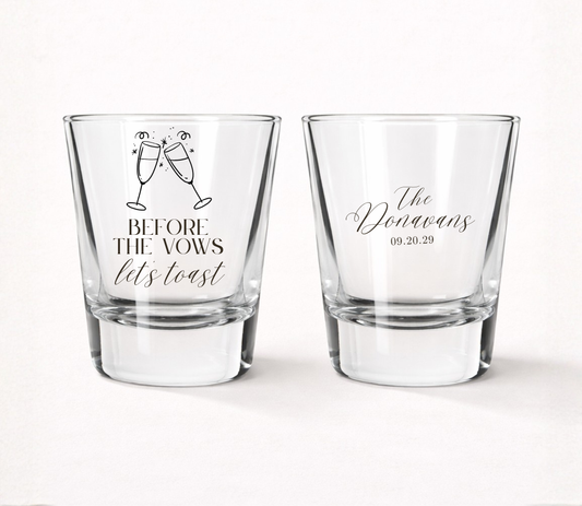 Before The Vows Lets Toast personalized shot glasses
Custom wedding shot glasses with family name
Wedding welcome party favor shot glasses
Personalized rehearsal dinner shot glasses
Champagne toast wedding favor glasses
Wedding weekend celebration shot glasses