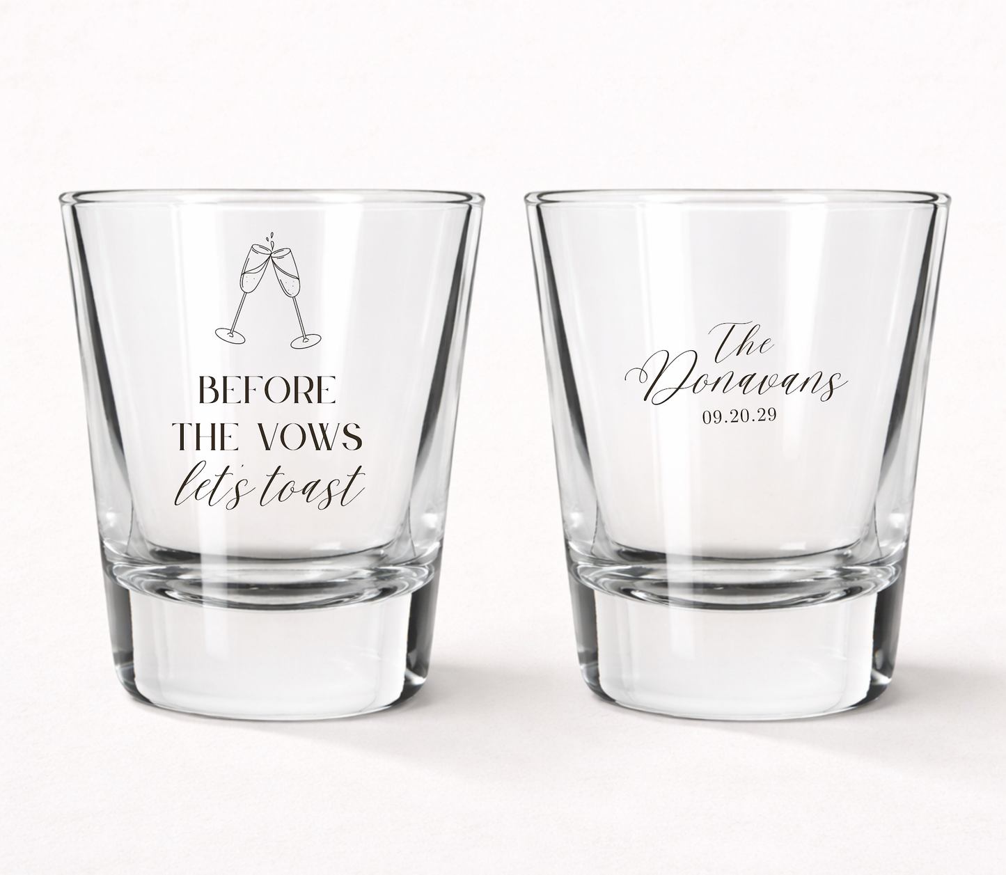 Before The Vows Lets Toast personalized shot glasses
Custom wedding shot glasses with family name
Wedding welcome party favor shot glasses
Personalized rehearsal dinner shot glasses
Champagne toast wedding favor glasses
Wedding weekend celebration shot glasses