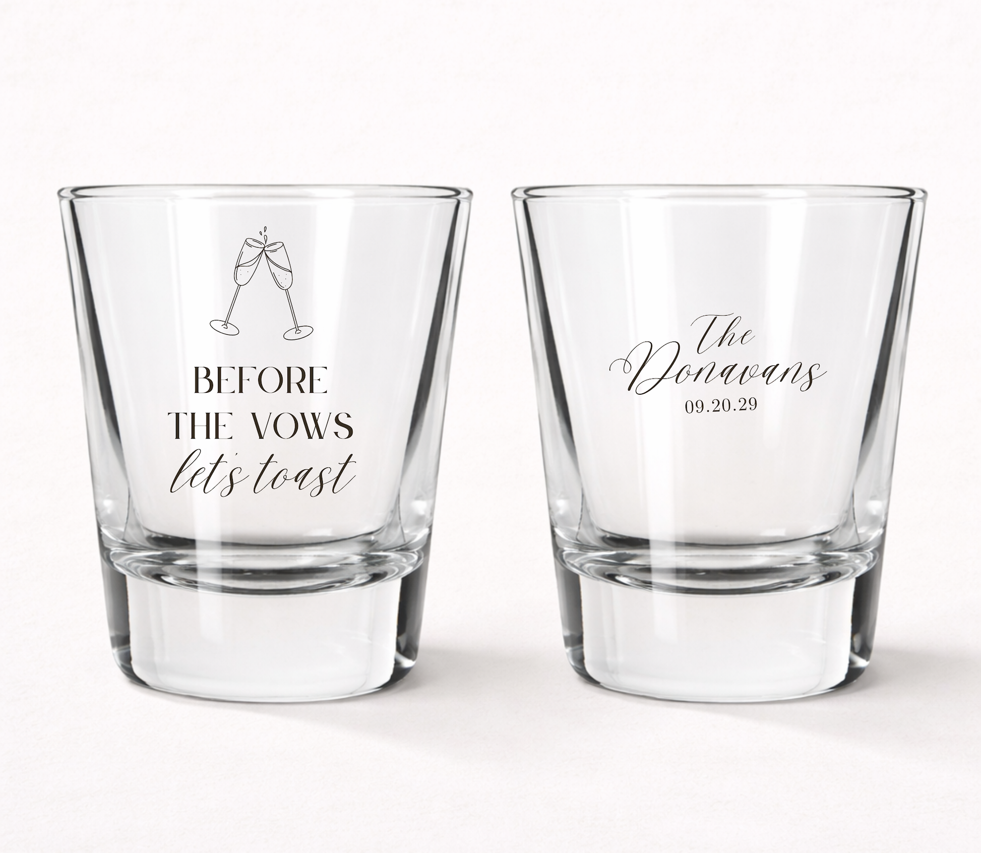 Before The Vows Lets Toast personalized shot glasses
Custom wedding shot glasses with family name
Wedding welcome party favor shot glasses
Personalized rehearsal dinner shot glasses
Champagne toast wedding favor glasses
Wedding weekend celebration shot glasses