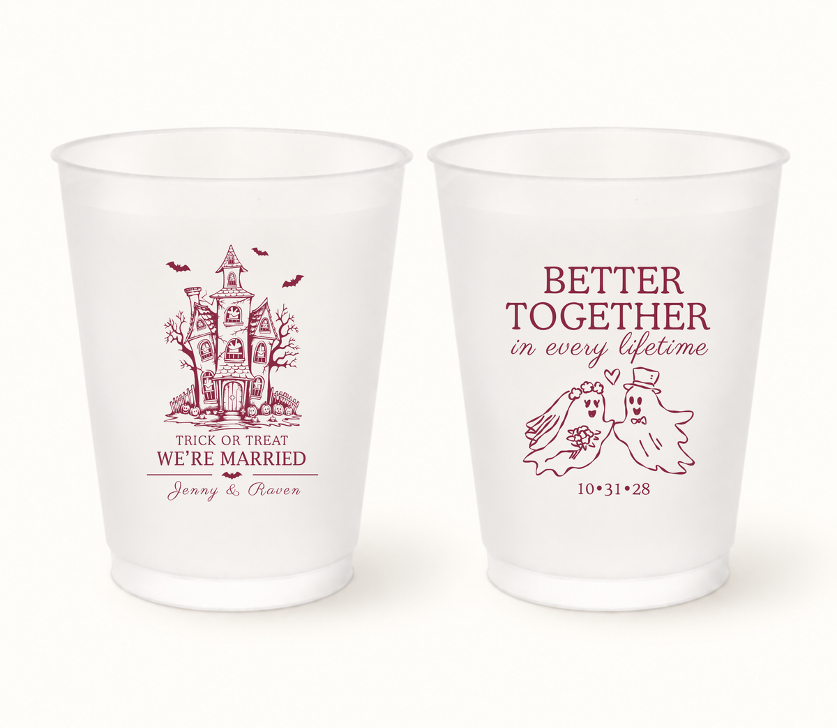 Personalized Better Together Halloween wedding frosted cups featuring haunted house artwork, ghost bride and groom, custom couple names, wedding date, and Trick or Treat We’re Married design.