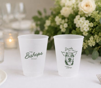 Personalized pet portrait wedding frosted cups featuring custom dog illustration family name pet name and wedding date