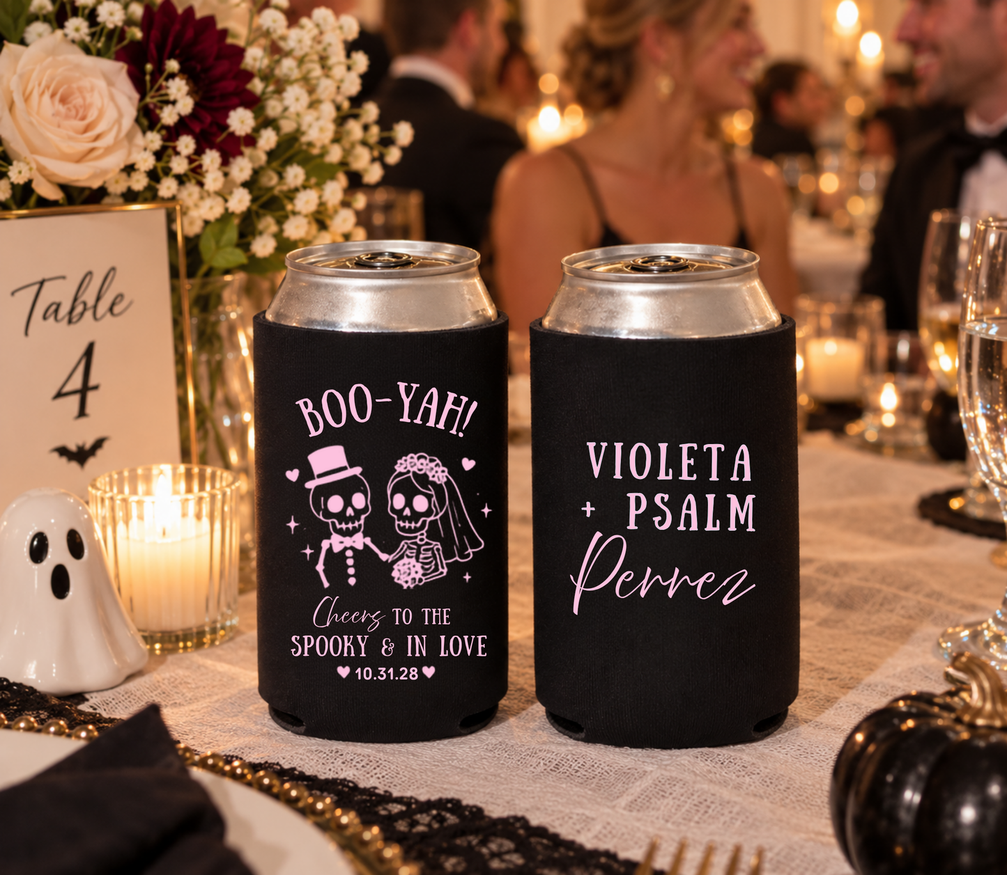 Personalized spooky wedding can coolers with custom couple names and date.