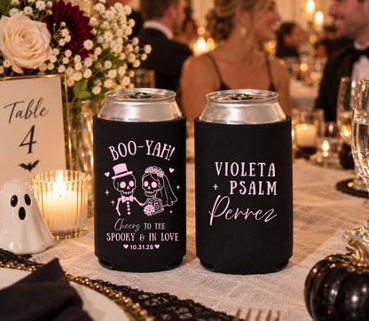 Personalized spooky wedding can coolers with custom couple names and date.