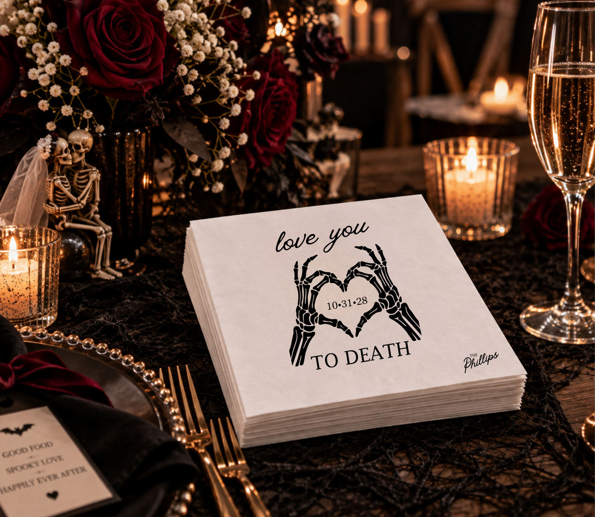 Personalized skeleton wedding napkin featuring Love You to Death lettering and custom October wedding date.
