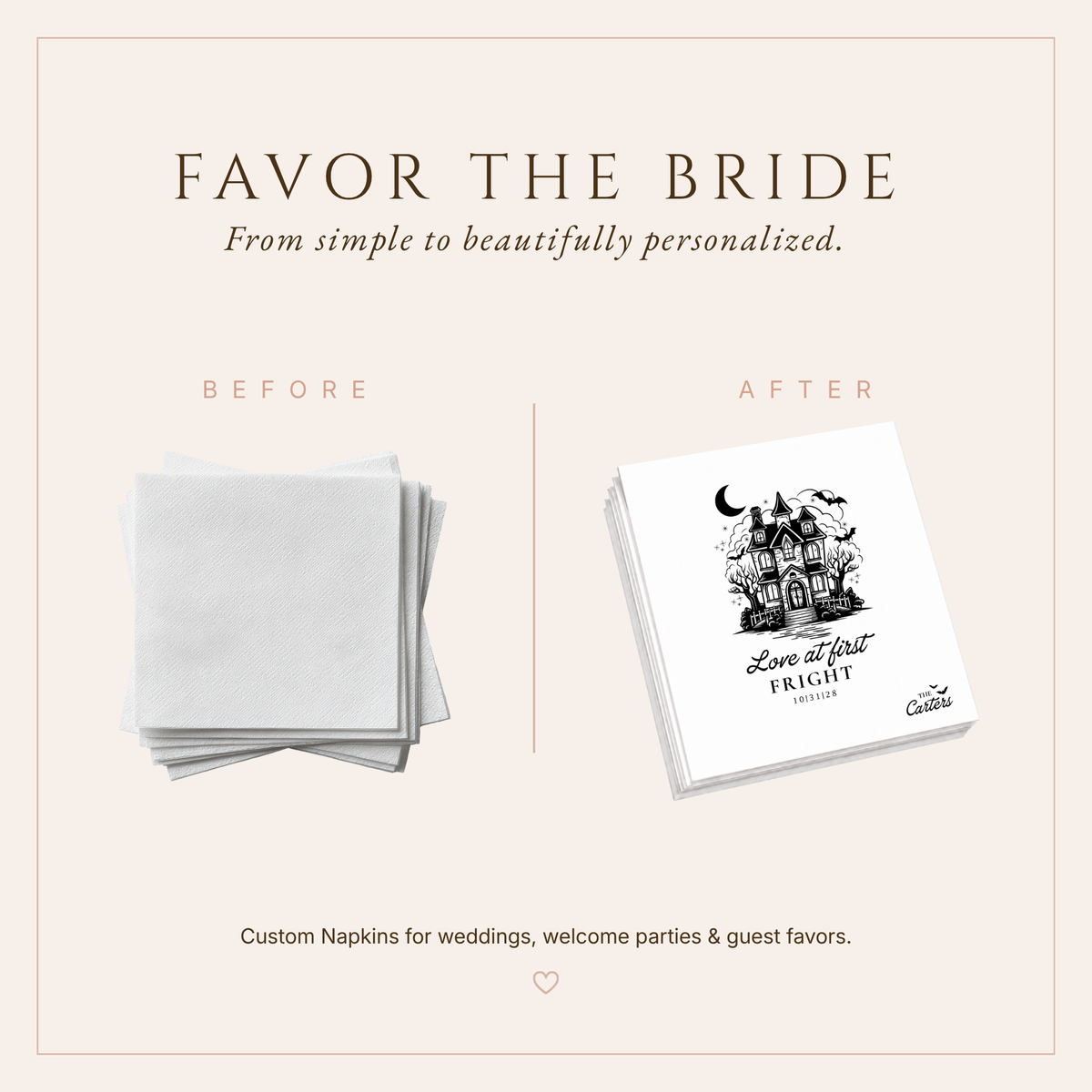 Personalized Halloween wedding cocktail napkins featuring spooky haunted mansion artwork and bat accents.