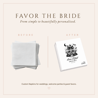 Personalized Halloween wedding cocktail napkins featuring spooky haunted mansion artwork and bat accents.