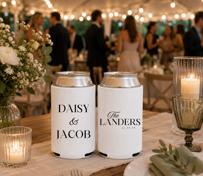 Custom white wedding can koozies.