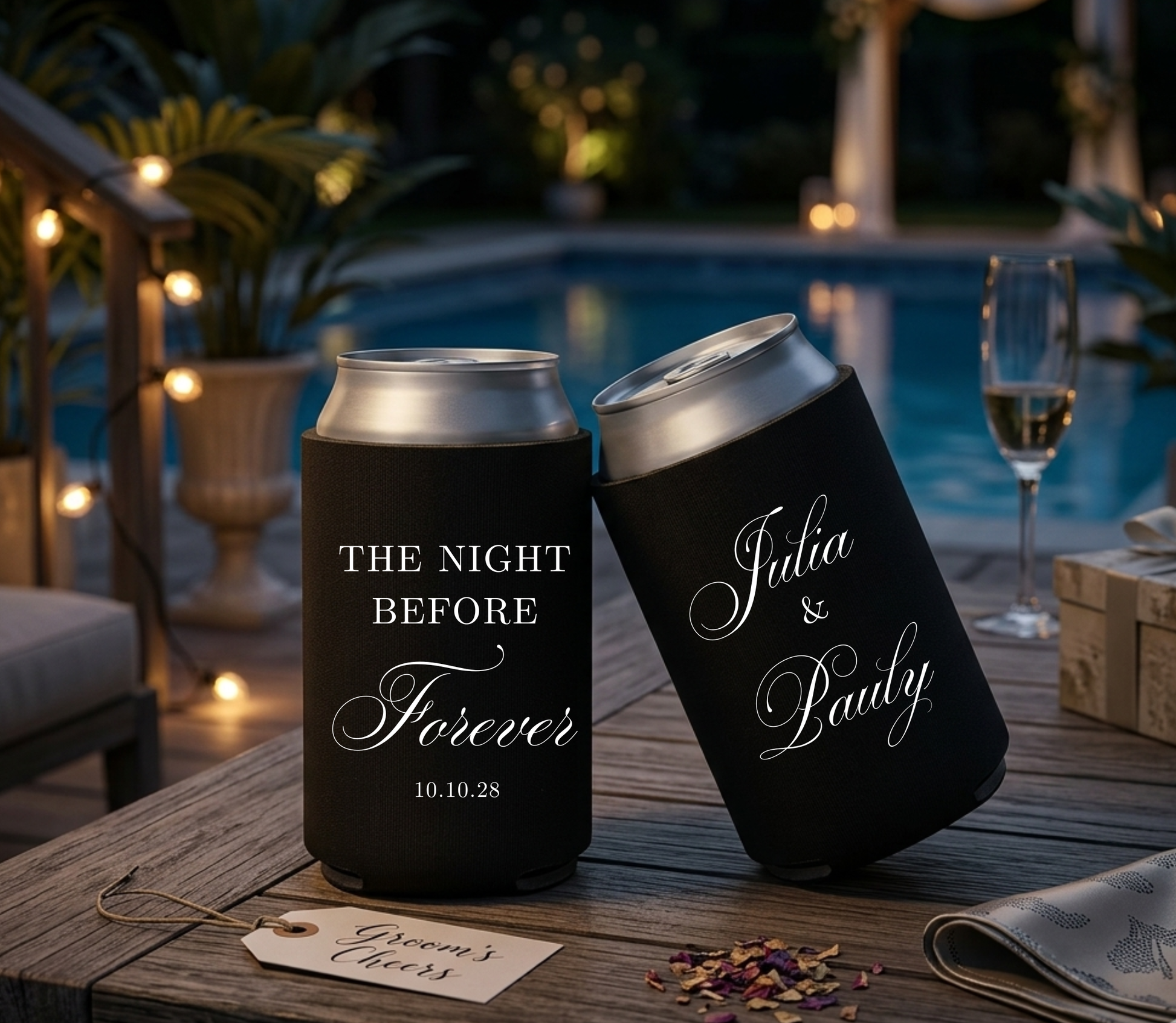 Personalized wedding welcome party can cooler with elegant script.