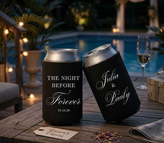 Personalized wedding welcome party can cooler with elegant script.