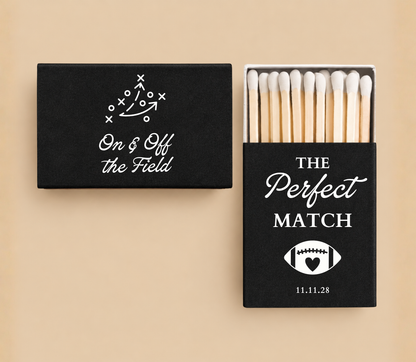 Personalized football wedding matchboxes featuring The Perfect Match football artwork, wedding date, and On & Off The Field design.