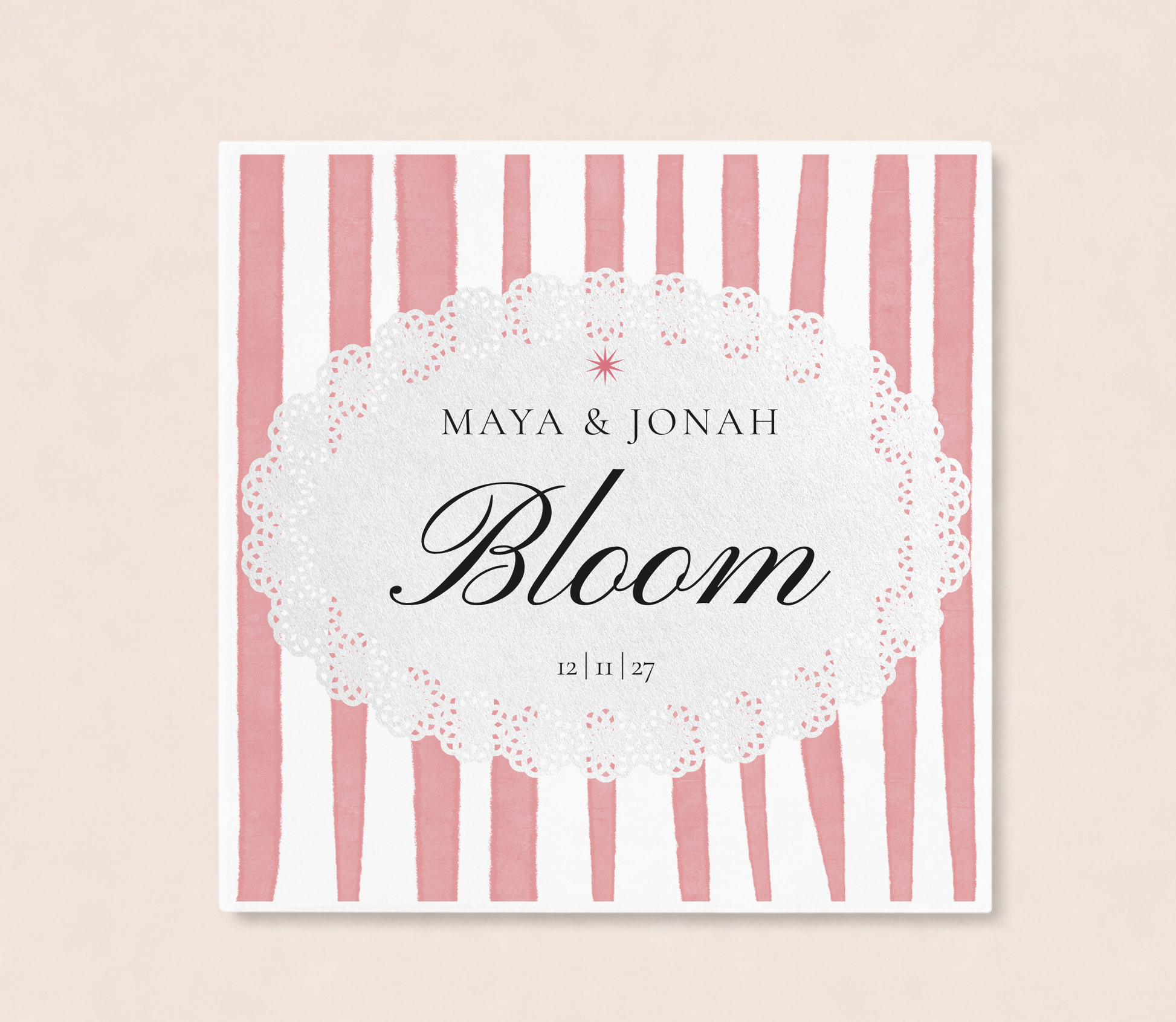Pink stripe wedding napkin with personalized couple names and wedding date