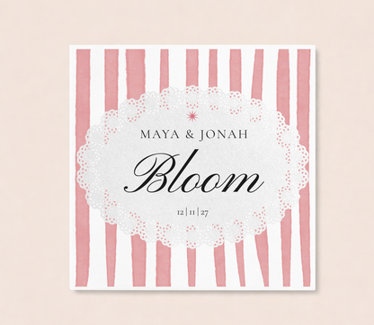 Pink stripe wedding napkin with personalized couple names and wedding date