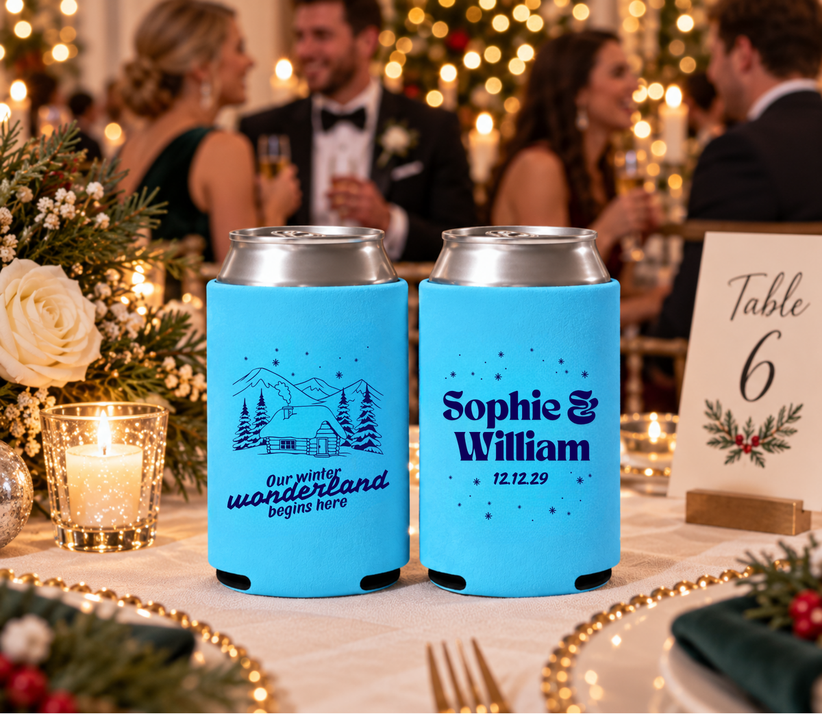 Personalized Winter Wonderland wedding can coolers featuring Sophie and William with custom wedding date and falling snow accents.