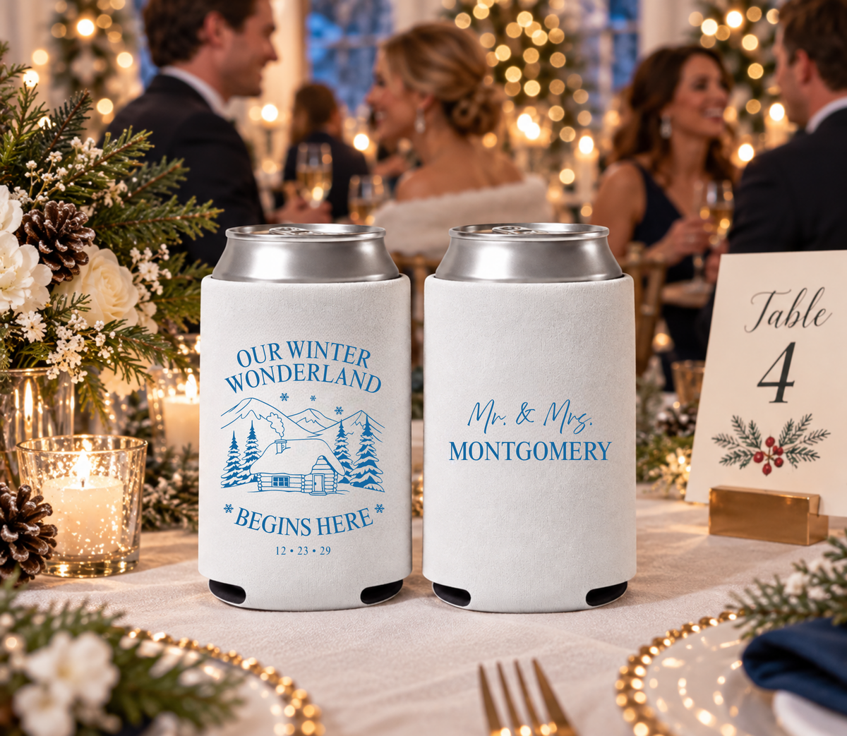 Personalized Winter Wonderland wedding can coolers featuring Mr. and Mrs. Montgomery surname and custom wedding date.