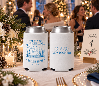 Personalized Winter Wonderland wedding can coolers featuring Mr. and Mrs. Montgomery surname and custom wedding date.